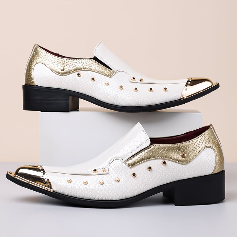 Men's White & Gold Studded Pointed-Toe Loafers