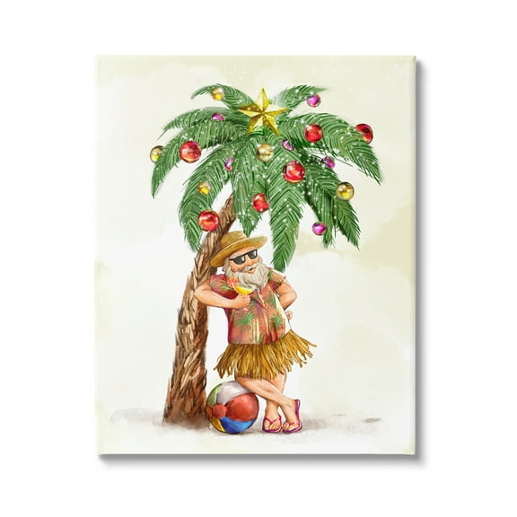 Tropical Santa Claus Lounging Palm Tree Ornaments Coastal Painting Gallery-Wrapped Canvas Print Wall Art