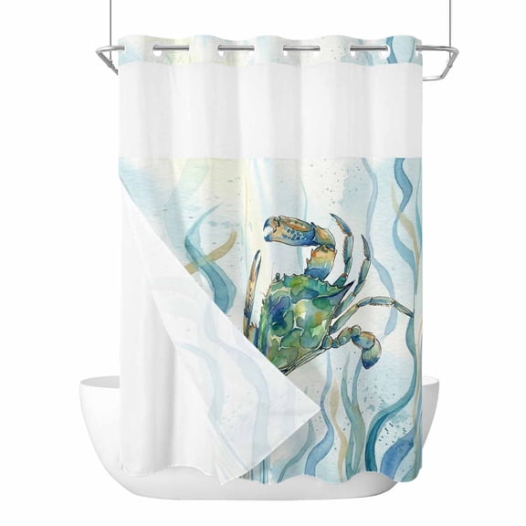 Coastal Crab No Hook Shower Curtain with Snap in Liner, Waterproof Fabric Shower Curtains, Nautical Seaweed Turquoise Marine Life Shower Curtain Set Top See Through for Bathroom 60"x72"