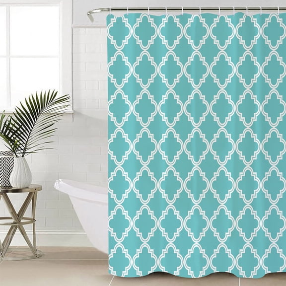 Quatrefoil Moroccan Pattern Waterproof Fabric Shower Curtain, Geometric Aqua Morocco Shower Curtain for Bathroom Curtains Bathtubs Hotel Washable Shower Curtains with 12 Hooks Stall 48x72in