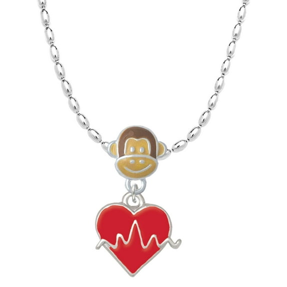 Delight Jewelry Silvertone Heartbeat on Red Heart Mia Monkey Charm Necklace
