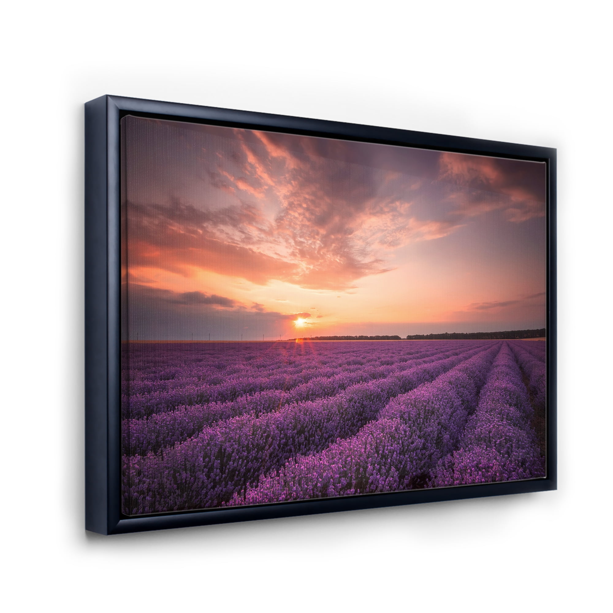 Designart 'Dramatic Clouds and Sunrise Over Lavender Field XII' Farmhouse Framed Canvas Wall Art Print
