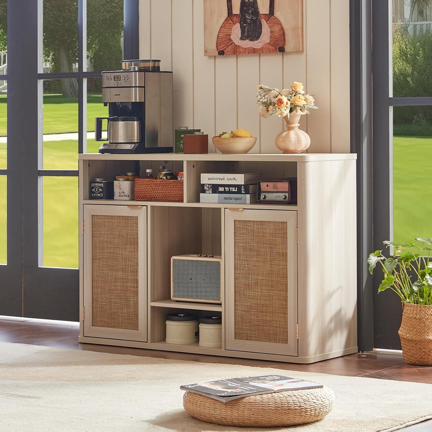 Joaxswe 47.2" Sideboards Buffets Cabinets with Doors, Boho Rattan Kitchen Storage Cabinets with Adjustable Shelves, Coffee Bar Station in Grey White