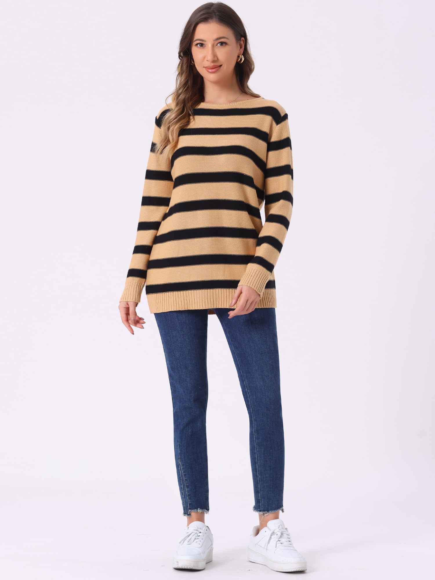 DARING DIVA Striped Round Neck Drop Shoulder Loose Sweater L Khaki