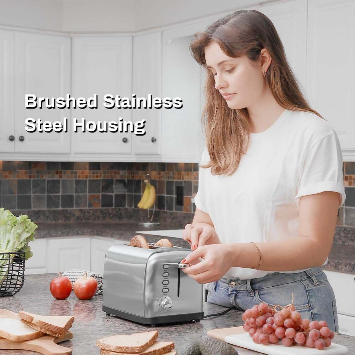 2 Slice Extra Wide Slot Toaster Brushed Stainless Steel 7 Shade Settings 900W with Bagel Defrost Functions