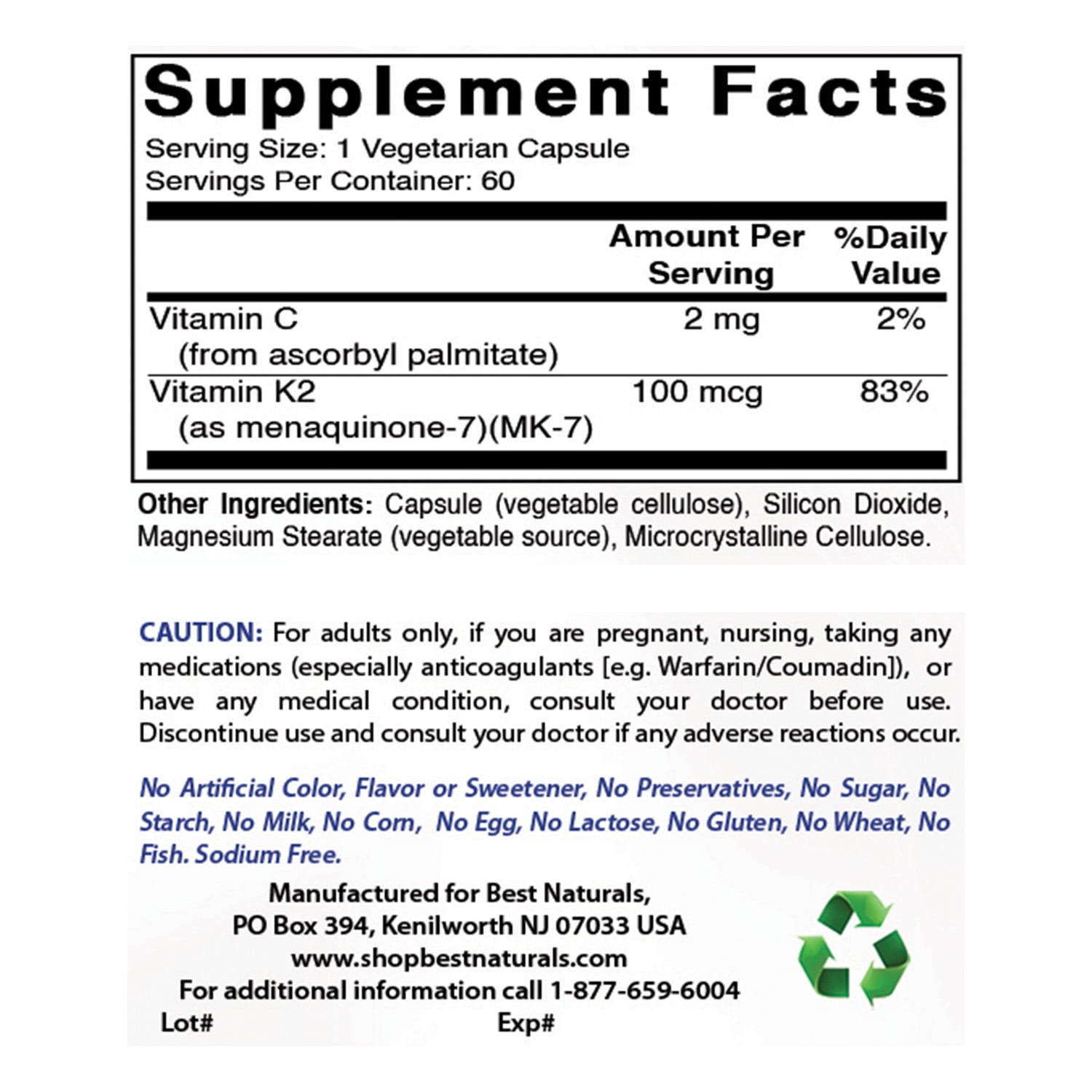 3 Pack Best Naturals MK-7 Vitamin K2 100 mcg 60 Vegetarian Capsules