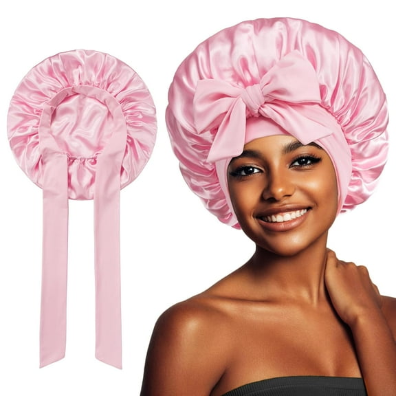 Satin Bonnet with Tie Band, Silk Hair Bonnet for Sleeping Women, Sleep Bonnets for Women, Silky Double Layer Sleep Cap for Curly Hair Braids