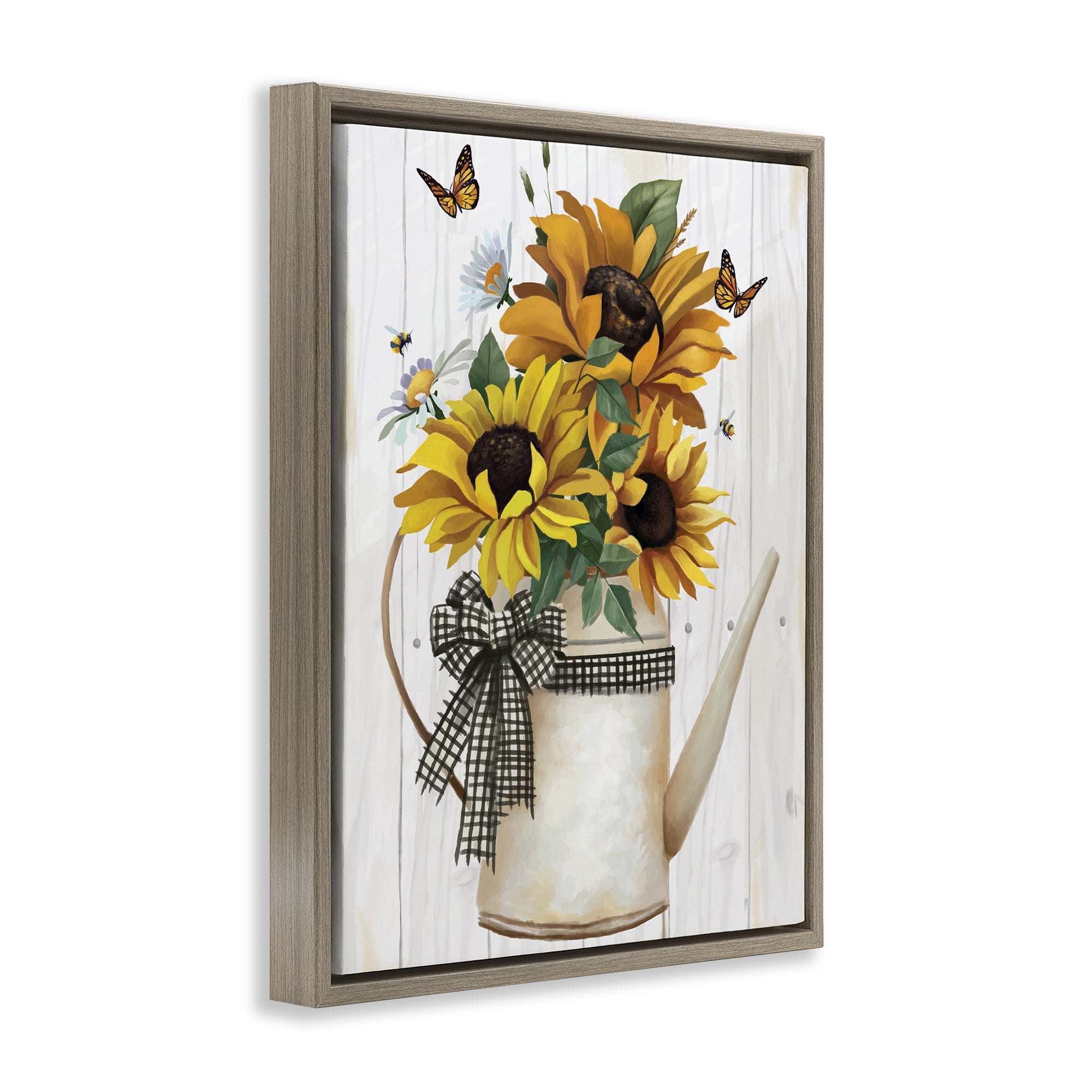 Stupell Industries Sunflower Trio in Watering Can Brown Framed Floater Canvas Wall Art, design by Lucca Sheppard