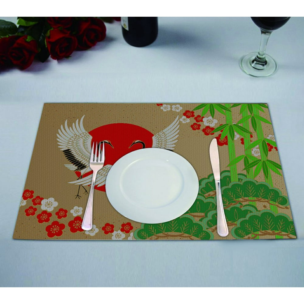 GCKG Asian Placemat, Japanese Style with Cranes and Pine Bamboo