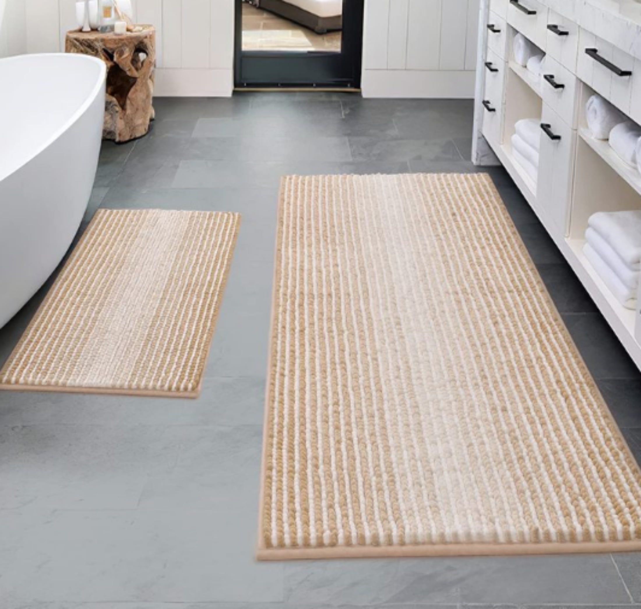 Striped Chenille Bathroom Rug, Extra Soft Absorbent Bath Mat, AntiSlip