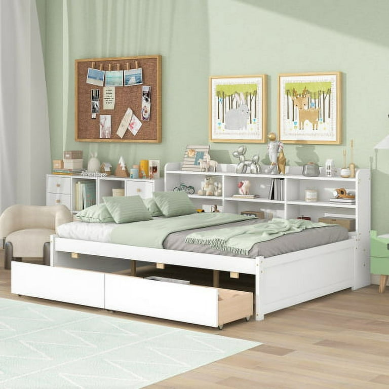 Full Size Daybed with Side Bookcase Multifunctional Platform Bed
