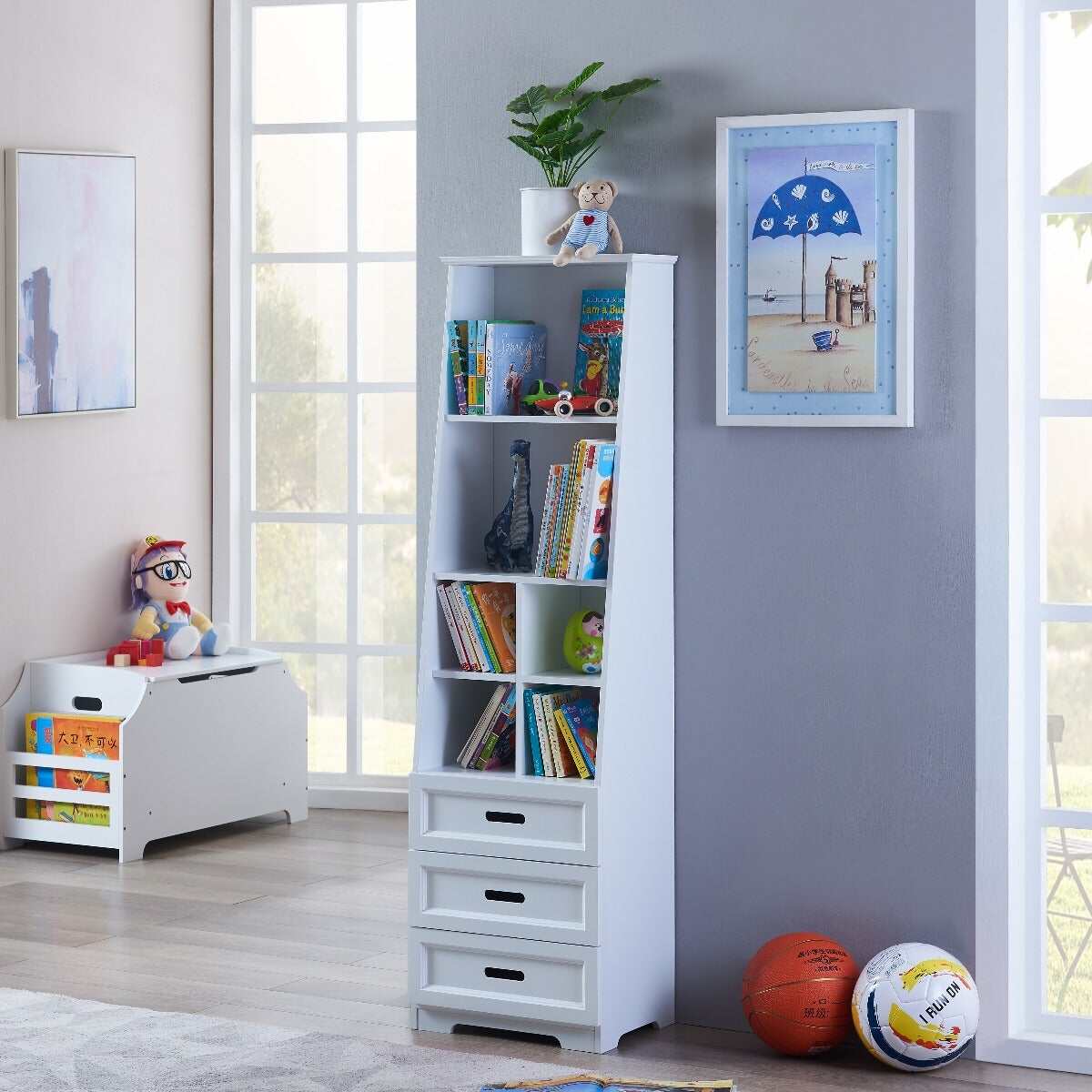 Kids Furniture Kids Funnel White Bookcase Book Shelf Storage Unit with Book Display/Organizer Drawers - Classic White Color,Baby Furniture