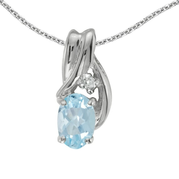 14k White Gold Oval Aquamarine And Diamond Pendant with 18" Chain