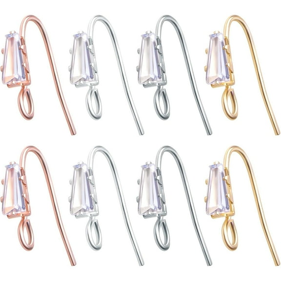 16pcs Crystal Rhinestone Earring Hooks Hypoallergenic Brass Ear Wire Hooks Cubic Zirconia French Fish Hook Earrings with Loop Hole for DIY Dangle Earrings Jewelry Making, 4 Colors