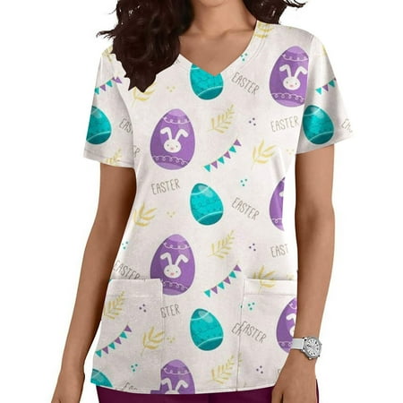 

UHUYA Scrubs For Women Women Fashion Short Sleeve V-Neck Tops Working Uniform Easter Printing With Pocket Blouse Tops Purple L