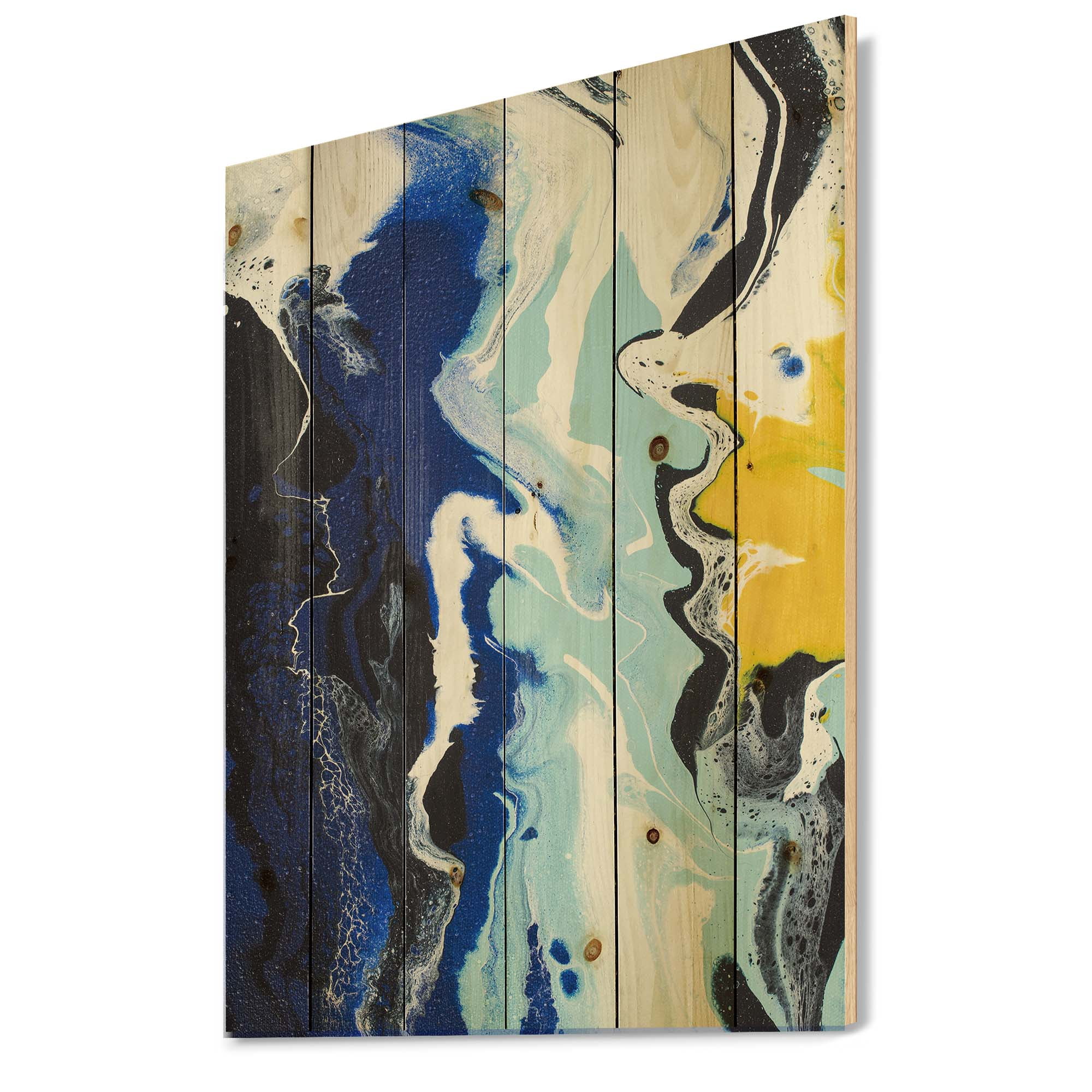 Designart 'Abstract Blue and Yellow Waves' Modern Print on Natural Pine Wood