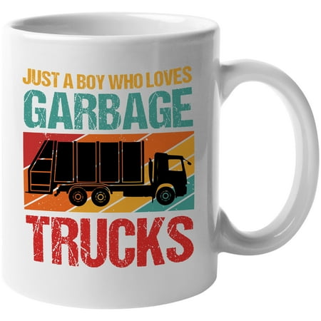 

Distressed Just a Boy Who Loves Garbage Trucks Garbage Collector Themed White 11oz Ceramic Mug
