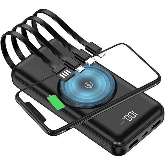 Wireless Power Bank, 10000mAh Portable Phone Charger in 4 Cable, Wireless Charging for iPhone, Samsung, iPad,Black