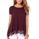 thumbnail image 5 of Qarigey Camiseta de mujer Color sólido Suelta Top básico Encaje Dobladillo hueco Manga corta Blusa de cuello Prendas para la parte del cuerpo Vino rojo XXL, 5 of 6