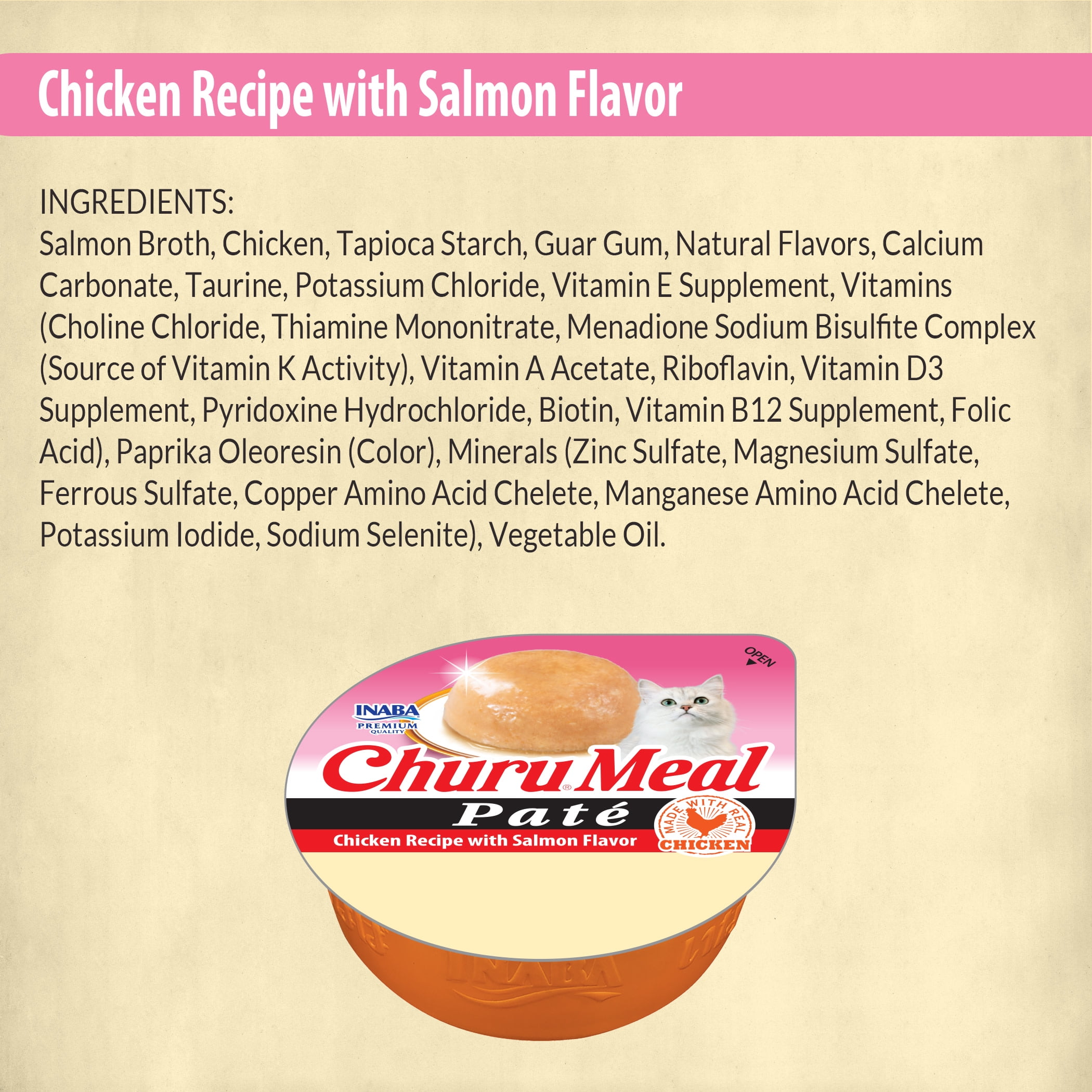 INABA Churu Meal Paté Adult Wet Cat Food, 2.29 oz cup, Chicken Recipe with Salmon Flavor