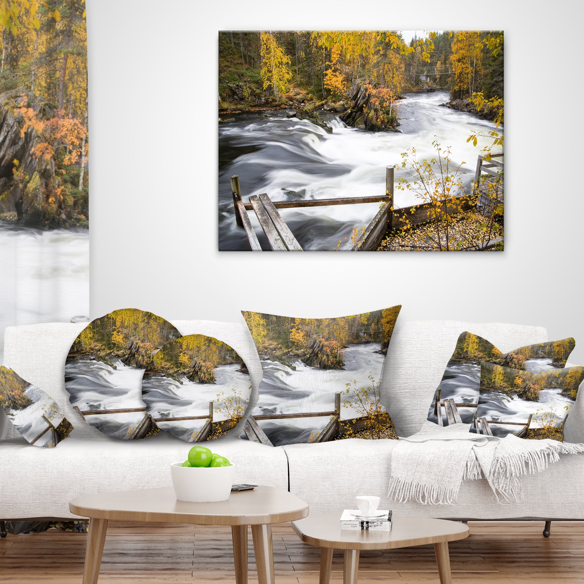 Designart Fall River Over Riffles and Rocks - Landscape Photography Throw Pillow - 16x16