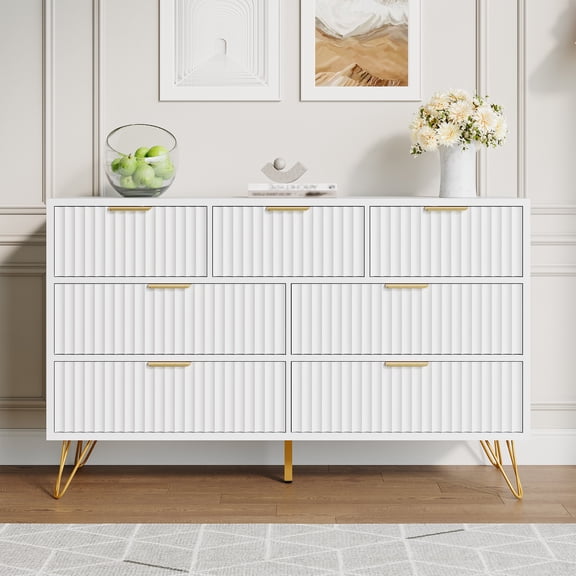 YouTrend White 7 Drawer Dresser with Fluted Wood and Metal Handles Legs for Bedroom Living Room Hallway