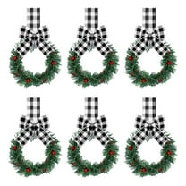 Christmas Wreath 6 Pcs Mini Cabinet Wreaths with Black and White Plaid Ribbon Small Kitchen Decor for Window Door Holiday Decorations
