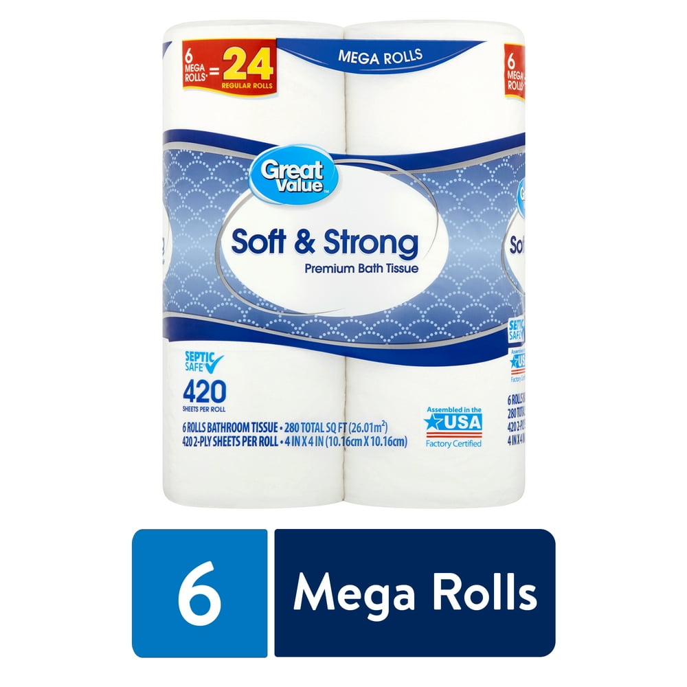 Great Value Soft & Strong Premium Toilet Paper, 6 Mega Rolls Walmart