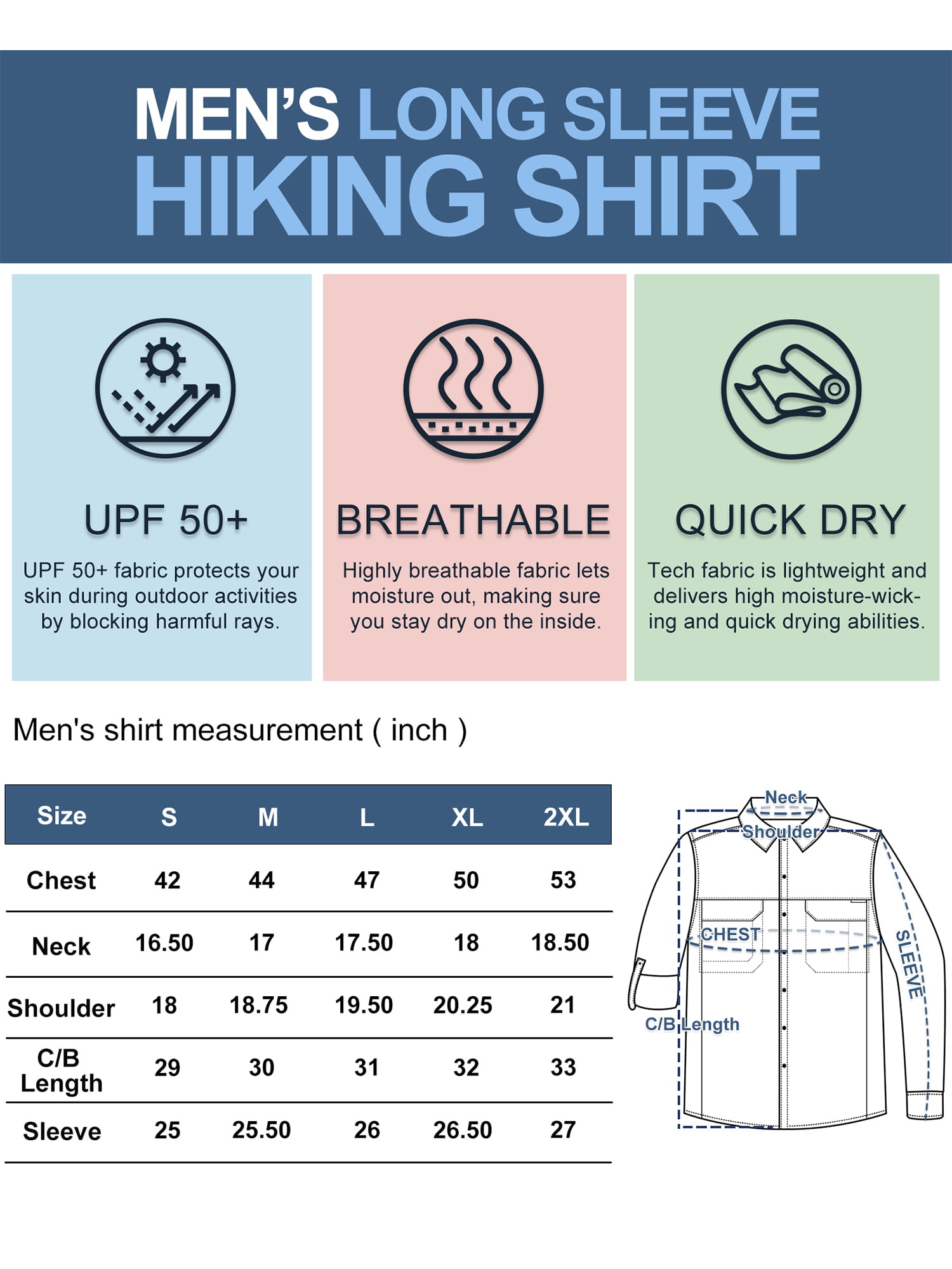 33,000ft Men's Long Sleeve Hiking Shirts Lightweight Quick Dry Sun  Protection UV Fishing Travel Shirt Outdoor Safari Outdoor 