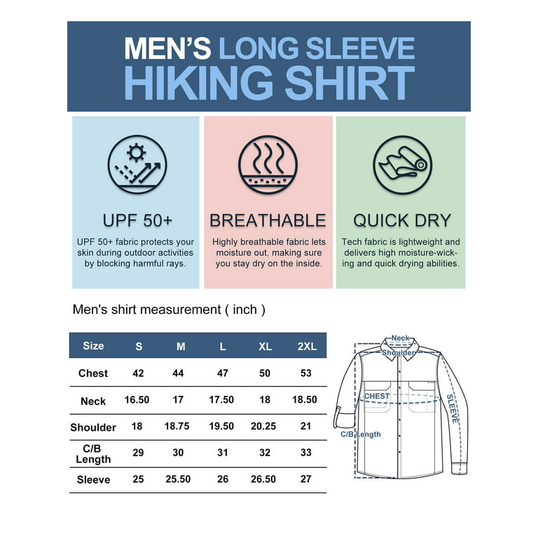 33,000ft Men's Long Sleeve Hiking Shirts Lightweight Quick Dry Sun Protection UV Fishing Travel Shirt Outdoor Safari Outdoor, Size: Large