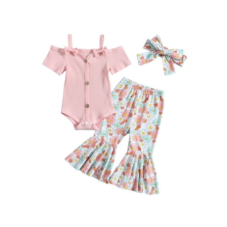 

Qtinghua Newborn Baby Girl Summer Clothes Off Shoulder Ribbed Button Romper Bell Bottoms Flare Pants Headband Outfits Pink 6-12 Months