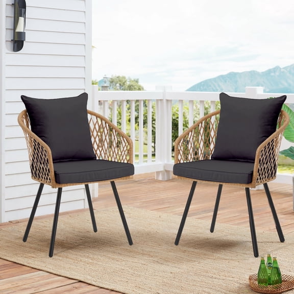 AVAWING Patio Bistro Dining Chairs Set of 2, Outdoor Wicker Chairs with Waterproof Cushions, Black