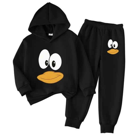 IVEYRTF Kids Cute Duck Print Hooded Sweatshirt and Pants 2 PC Outfit Long Sleeve Elastic Waist Fall Winter Toddler Kids Set(Black,5 Years)