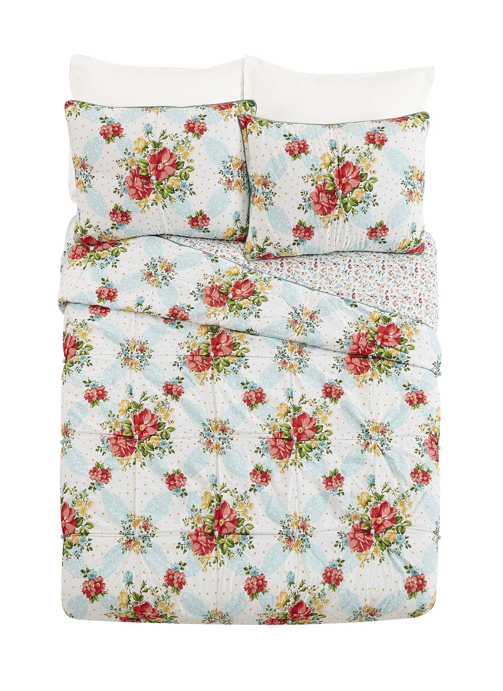 BEAUTIFUL XXL COUNTRY VINTAGE WHITE PINK RED GREEN BLUE PATCHWORK BEDSPREAD SET 