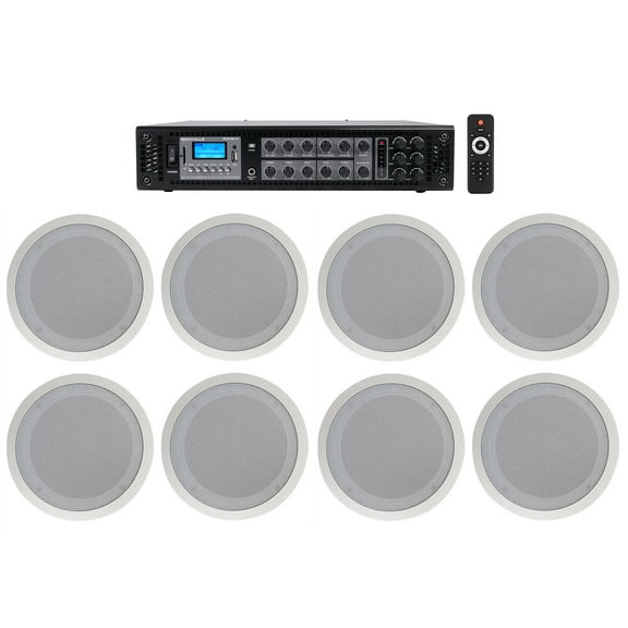 Rockville Commercial Receiver (8) 8" 2Way White Ceiling Speakers 4 Hotel/Office