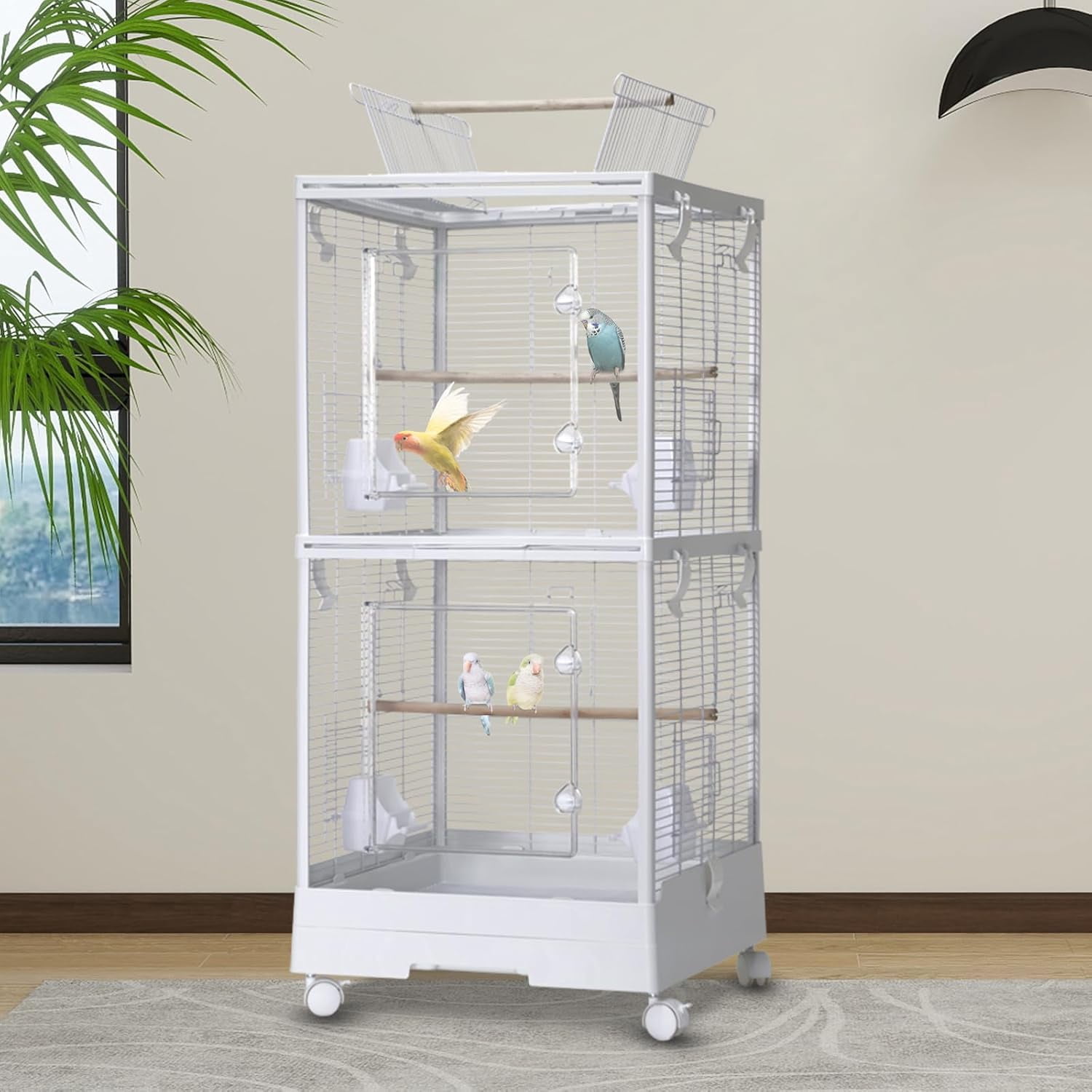 Rugerasy 40Inch Flight Bird Cage,Parakeet Cages with Rolling Stand & Wheels,Wide Birdcage,White