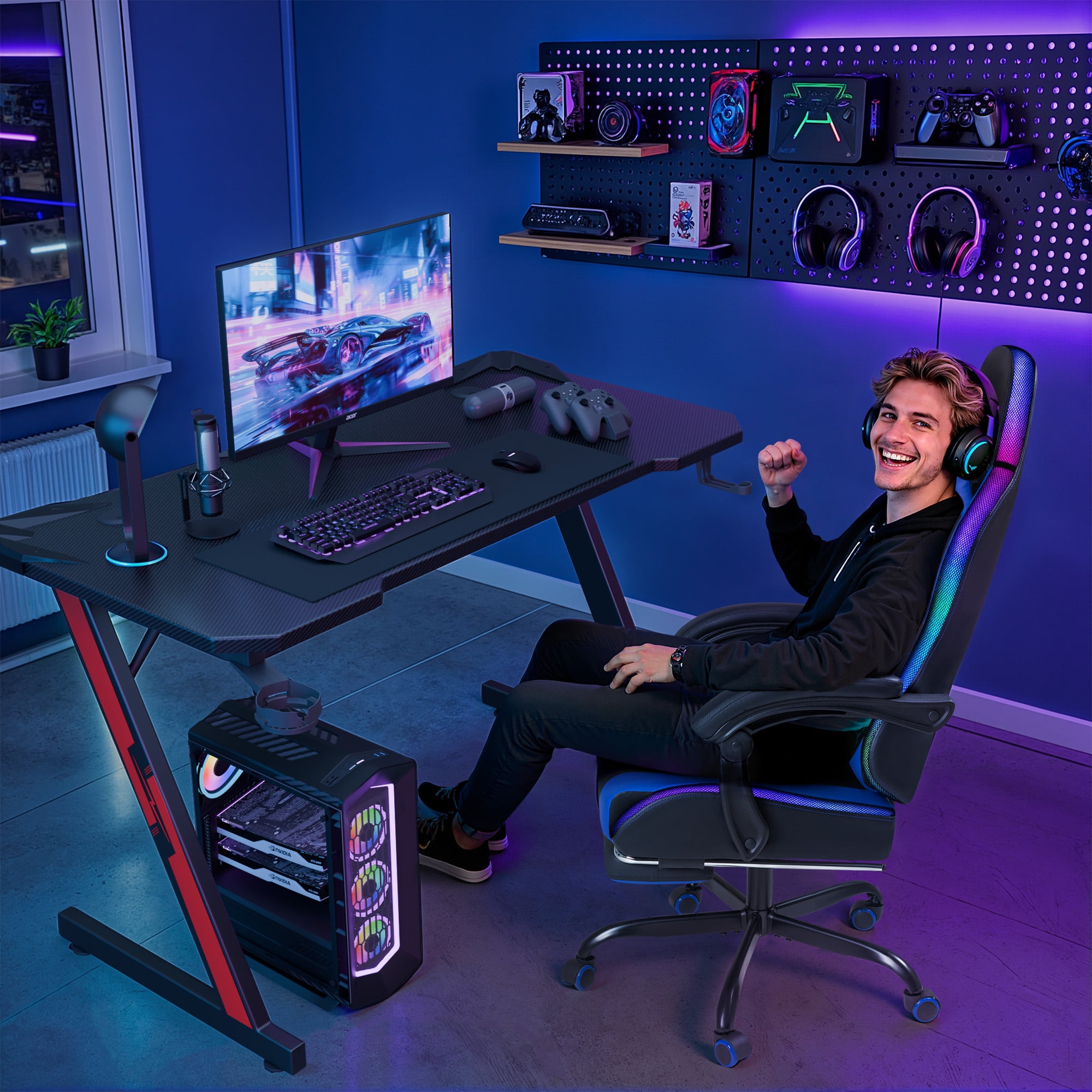 Homall RGB Gaming Chair with APP & Remote Control, LED Lights Ergonomic Computer Chair with Footrest & Massage Lumbar Support, Blue