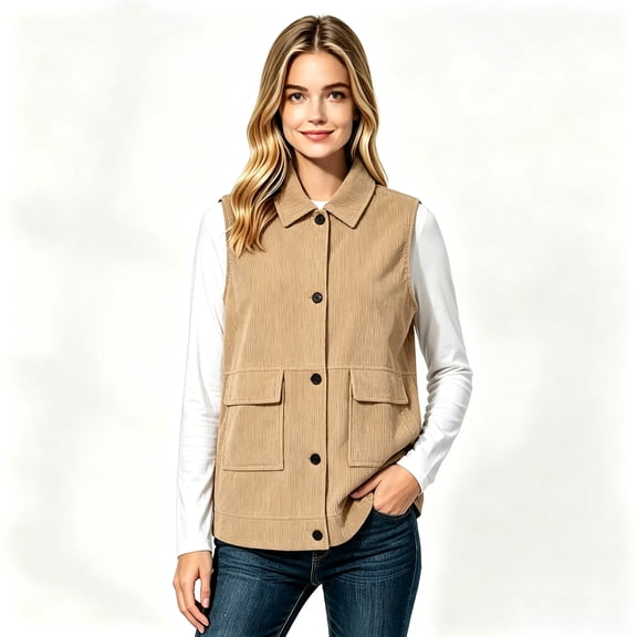 Women’s Collared Corduroy Vest, Sleeveless Button Down Gilet, Sizes S-2XL