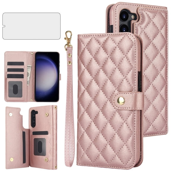 Asuwish Phone Case for Samsung Galaxy S23 Plus S23  5G Wallet Cell Cover with Tempered Glass Screen Protector Lanyard Wrist Strap Card Holder S23plus 23S   S 23 23  SM-S916U 6.6 inch Girls RoseGold