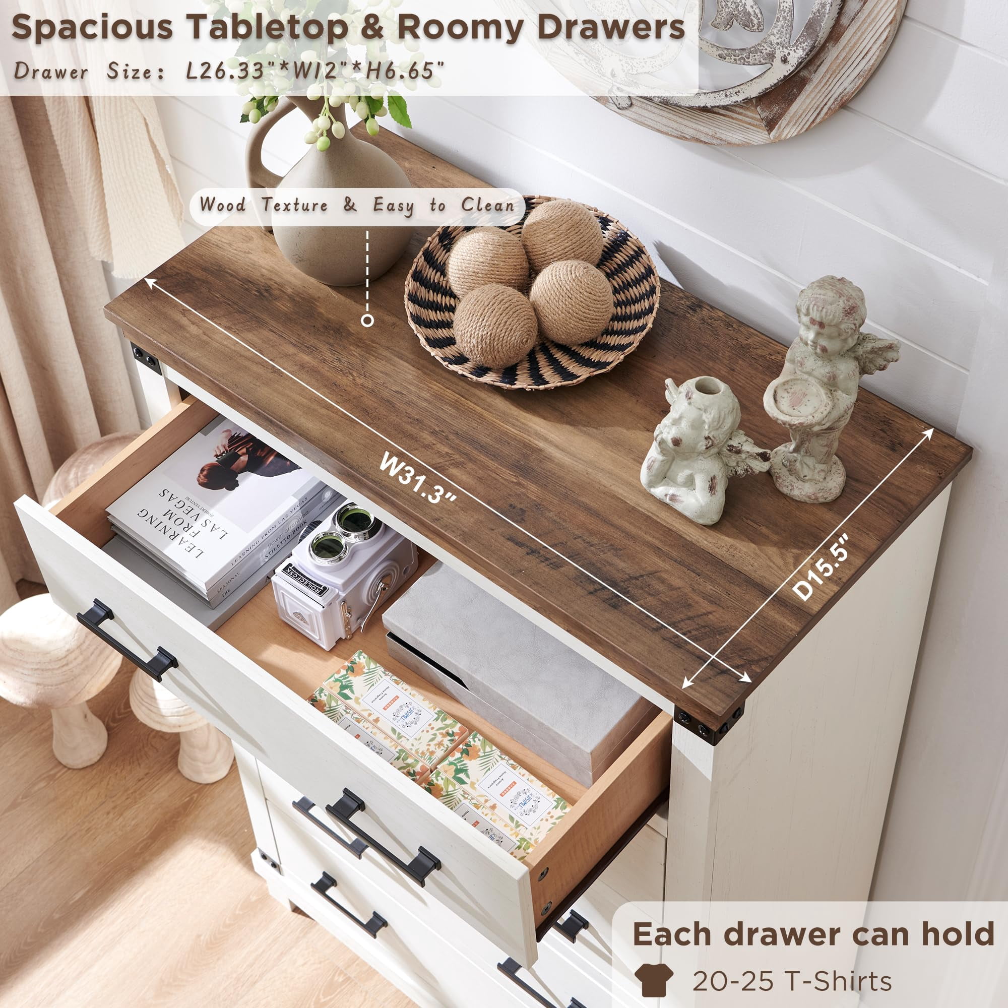 OKD Farmhouse 5 Drawers Dresser for Bedroom, Wood Tall Chest of Drawers with Thick Plank Styling, Rustic Closet Dresser for Bedroom, Living Room, Antique White