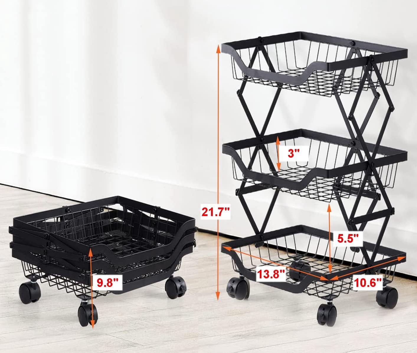 Alexent 3-Tier Foldable Basket Storage Rolling Cart | Metal Wire Basket with Wheels, Stackable, Versatile Organizer for Kitchen, Pantry, Bathroom, Laundry, Garage, Black