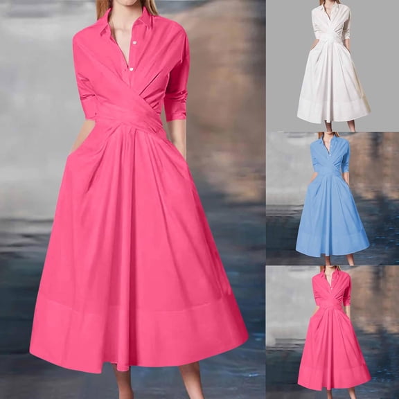 Fall Saving! HVOBTTY Women's Elegant Flare Dress, Fall Party Dresses for Women, Women's Casual Solid Color Lapel Long Sleeve Button Ruched Pocket Midi Dresses Red, S