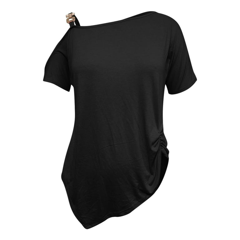 RQYYD One Shoulder Tops for Womens Asymmetrical Metal Strap