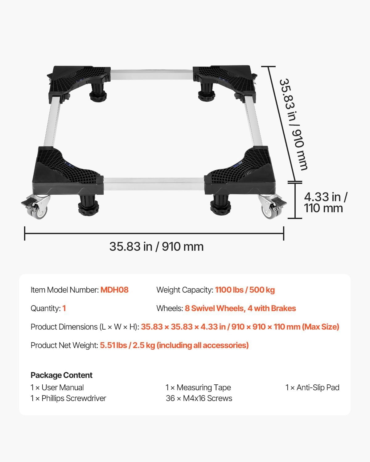 Maircle Mini Fridge Stand, 27.5" to 35.4" Universal Mobile Base with 4 Strong Feet, 4 Locking Swivel Wheels, Adjustable Furniture Mover Mobile Base for Washing Machine, Refrigerator, Washer and Dryer