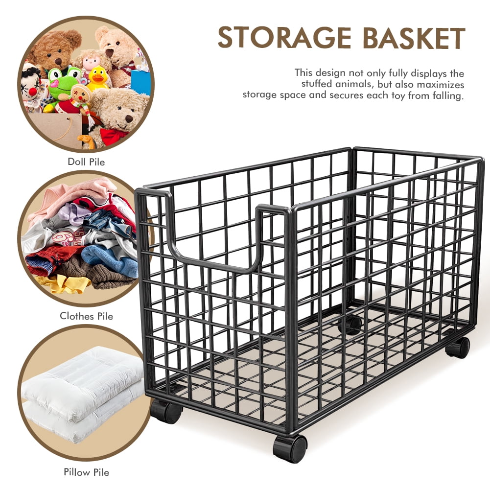 Qiyester Plush Toy Storage Basket, Large Capacity Metal Wheeled Plush Toy Storage Rack/Clothes Storage Box, Suitable for Bedroom