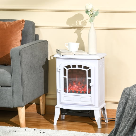 HOMCOM Free standing Electric Fireplace Stove, Fireplace Heater with Realistic Flame Effect, Overheat Safety Protection, 750W / 1500W, White