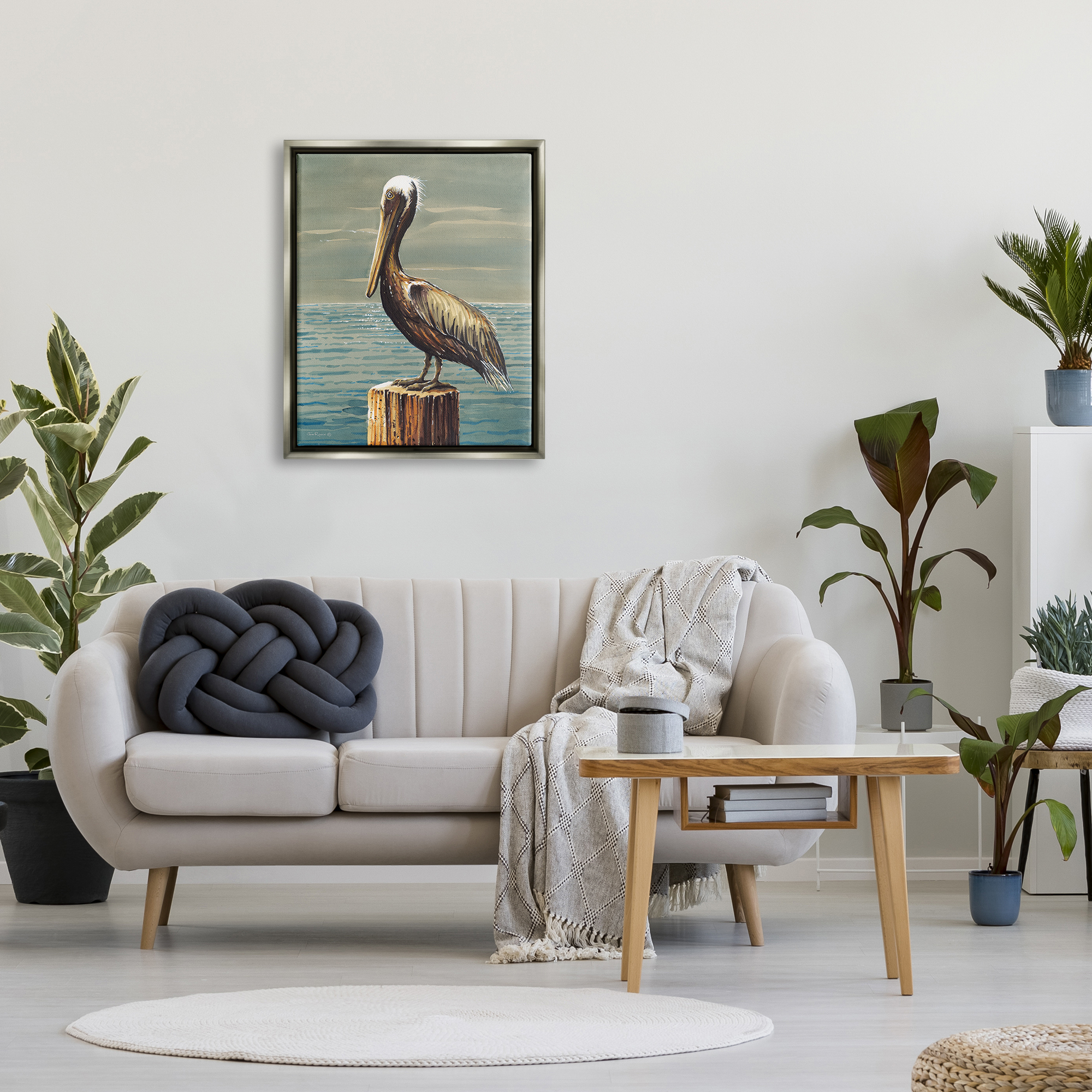 Stupell Industries Pelican and Cloudy Seascape Animals & Insects Painting Gray Floater Framed Canvas Art Print Wall Art, 25 x 31