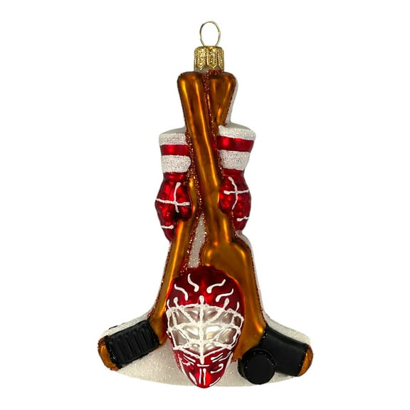 Pinnacle Peak Trading Red Hockey Sports Equipment Polish Blown Glass Hanging Christmas Tree Ornament 5 inch