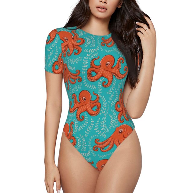 Balery Fun Octopus Body de cuello redondo de manga corta para mujer Tops de manga corta Tops básicos-Medium
