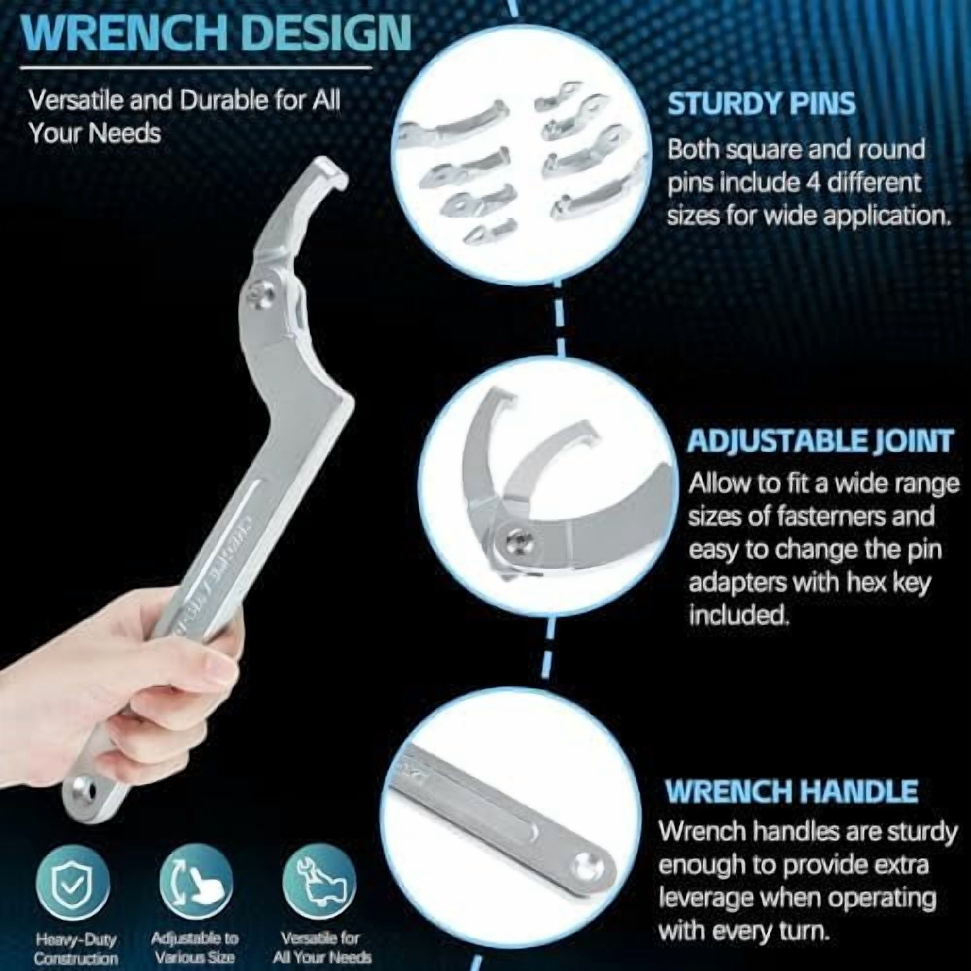 Adjustable Pin Spanner Wrench Tool Set, 9 Pack C Spanner Nut Wrench Tools with Changeable Heads, Coilover Hook Wrenches for Suspension System Collar, Nut Adjustment, 3/4" to 6-7/10"